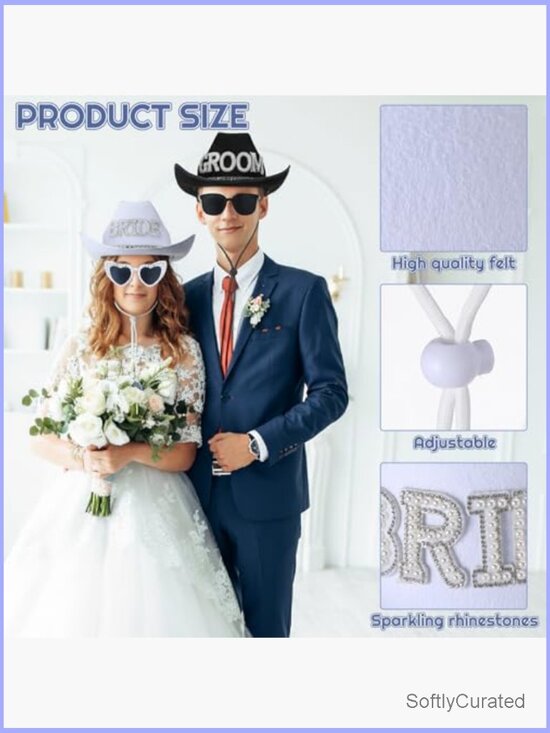 Bride and Groom Rhinestone Cowboy Hat Set with Veil, Earrings & Sunglasses for main image 4